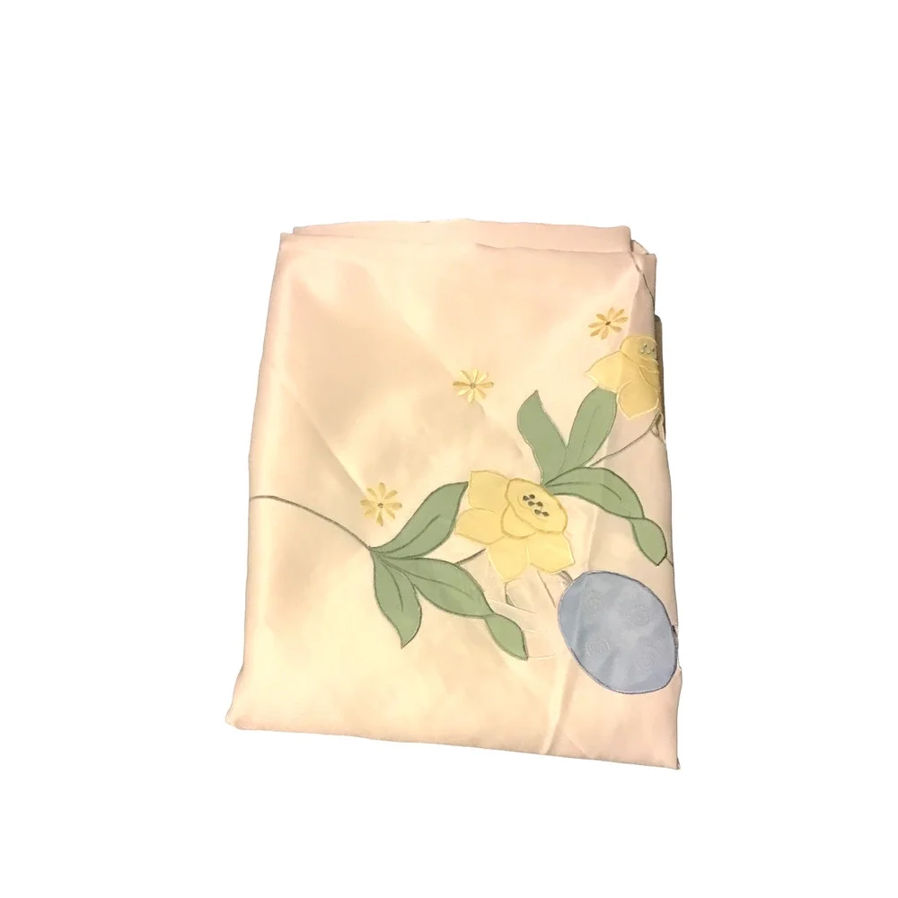 Vintage  Satin Tablecloth Oblong with Appliqué Flowers. Size 60 X 42